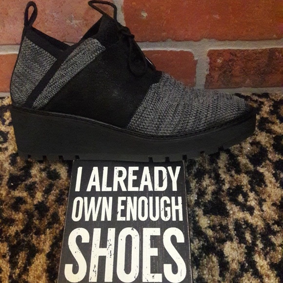 👢Eileen Fisher WILSON gray fabric Black Tie Wedge Oxford Women's Shoes 9 1/2 - Picture 7 of 12